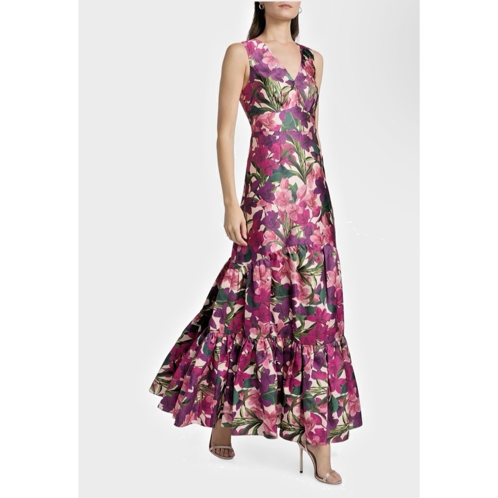 SACHIN BABI Size 0 Rori Floral Tiered Gown Casa‎ Blanc Mikado Maxi Dress Formal